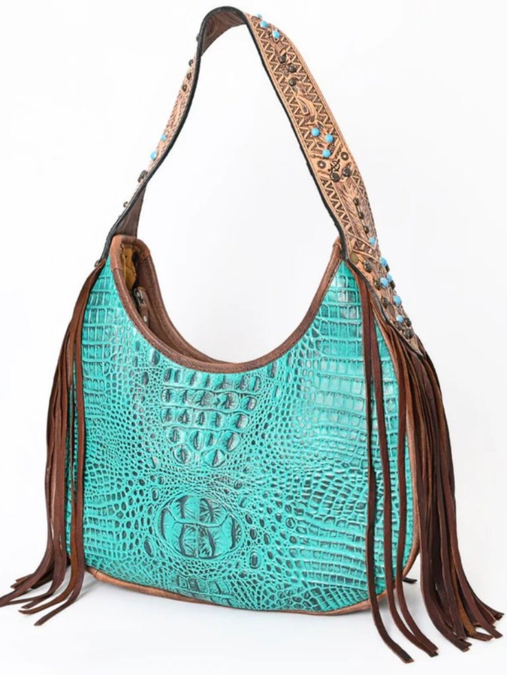 American Darling Turquoise Croc Fringe Shoulder Bag - Picture 3 of 5
